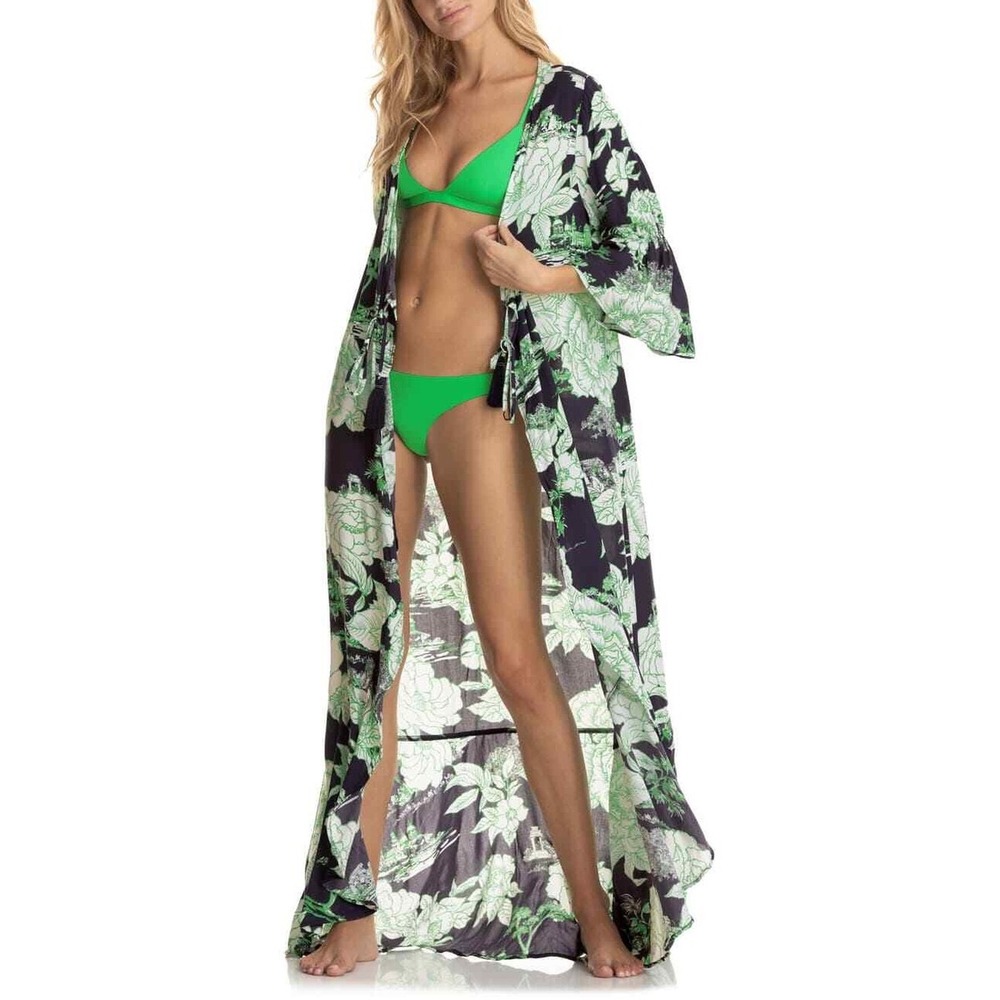 Maaji Floral Print Kimono Maxi Dress Wrap Belted‎ Bell Sleeves Green Size Medium - Picture 2 of 9